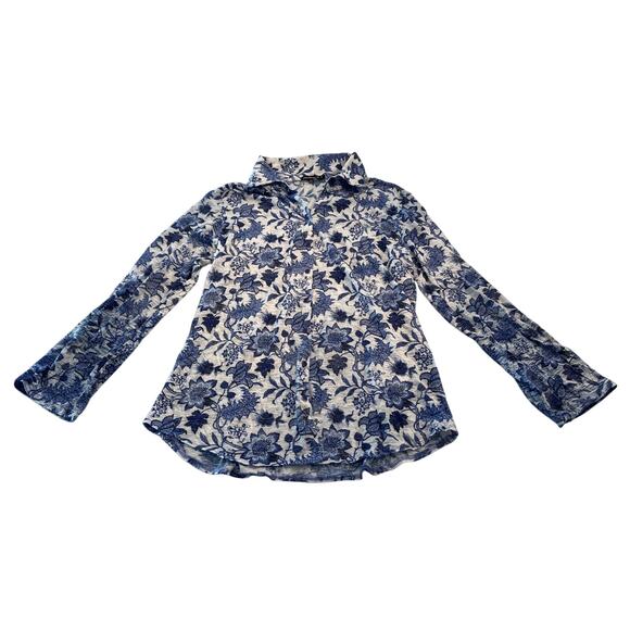 M1-41 DAVID CLINE Women's Collared Button Down Top Floral Blue/White Size S - Picture 1 of 8